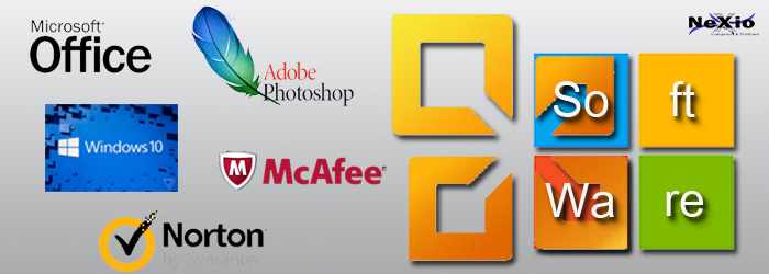 Diverse afbeeldingen van Software programma's, zoals Windows, McAfee en Microsoft Office